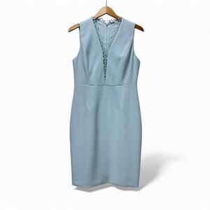 Elie Tahari Light Blue Sleeveless Sheath Dress Women’s 8 V Neck Lace Trim Midi